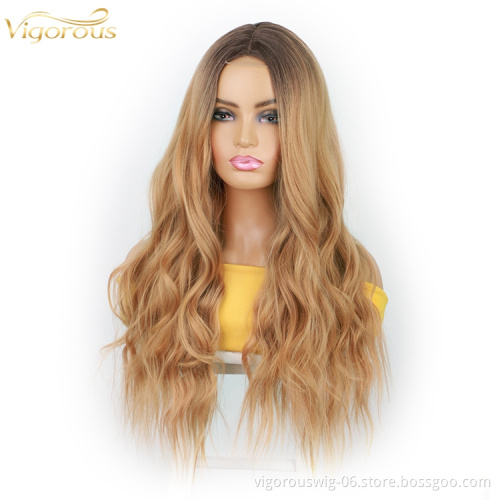 For Black Women Hot Selling Long Body Wave Vendor Ombre Light Blonde Dark Root Heat Resistant Fiber Synthetic Lace Hair Wigs